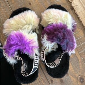 UGG Black and Purple Fluffy Slippers